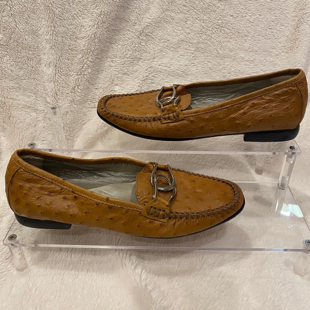 Robert Zur All Leather Ostrich Moccasins Loafers Shoes Tan Size 6 AA Narrow EUC